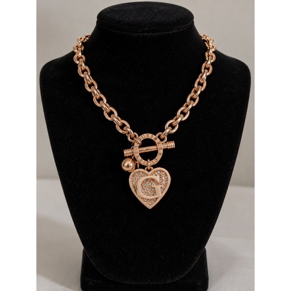 Guess Rose Gold Tone Heart Charm Toggle Necklace Crystal Pave G Logo Chain